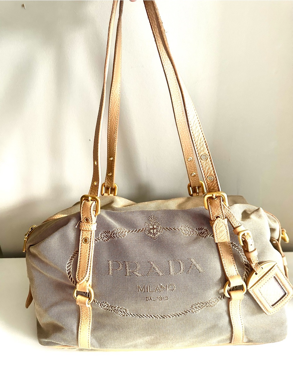 Prada Beige and Tan Canvas Duffel with Leather Trim